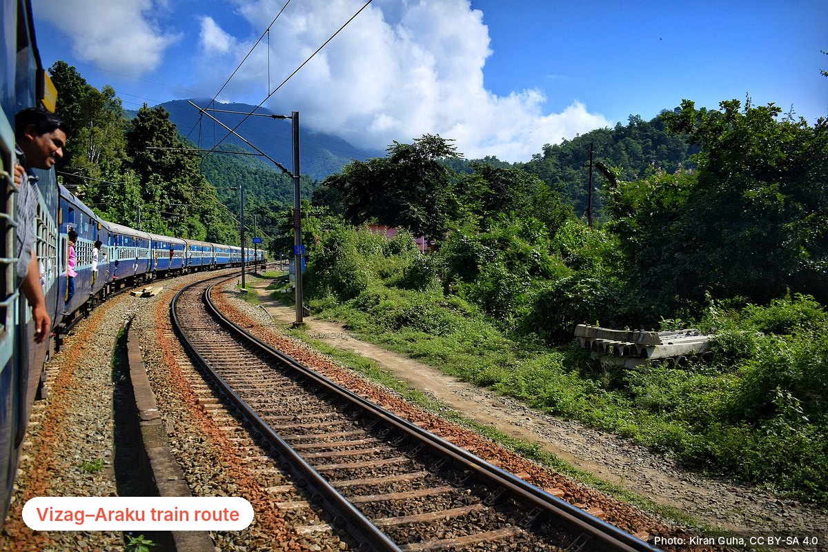 Vizag–Araku train curving through the green Eastern Ghats near Araku Valley