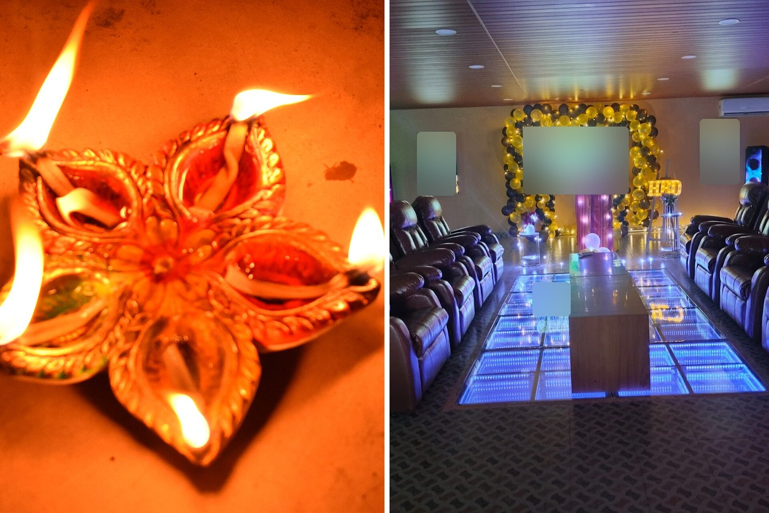 Lit Diwali diyas beside the LED party hall at Coral Hotel, Madhurawada – Diwali in Vizag