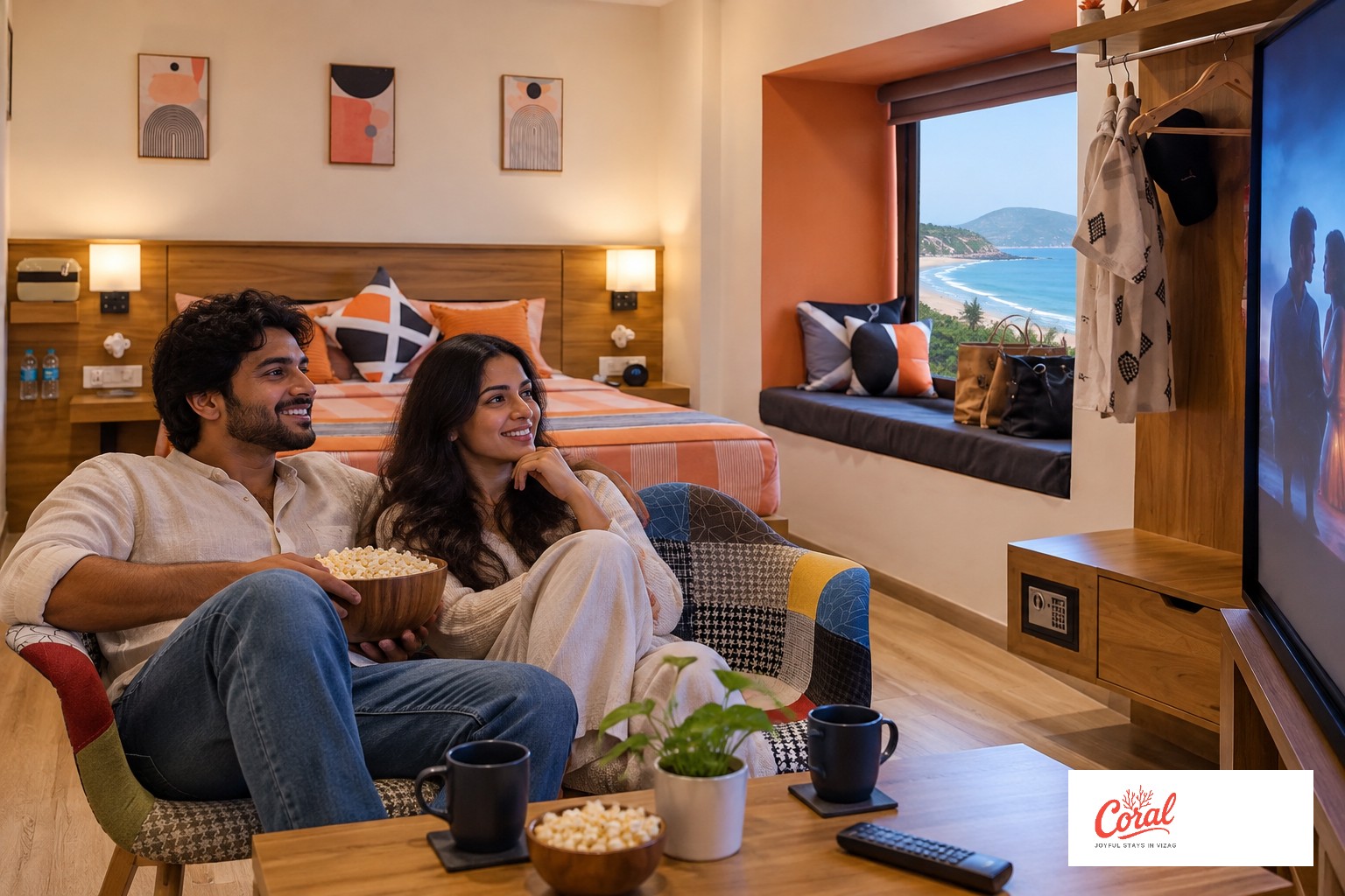 AI-generated illustration of private home theatre suite for couples in vizag