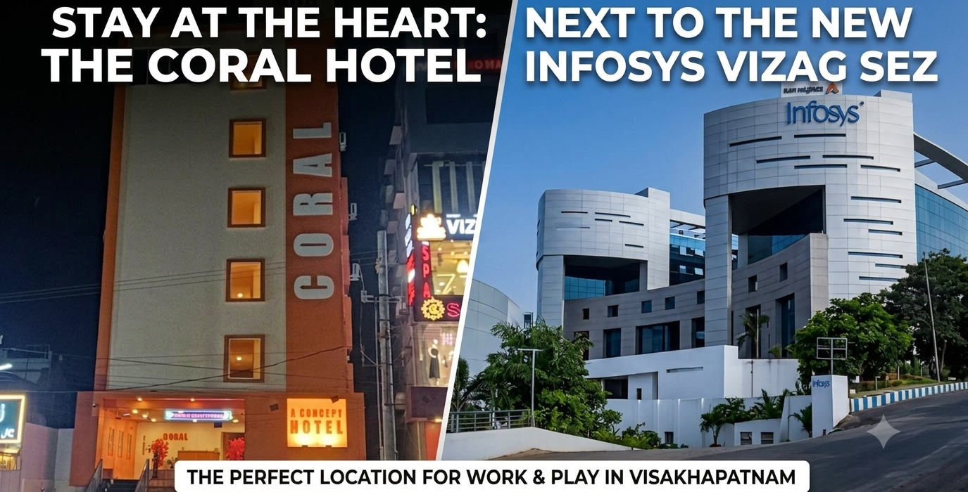 Coral Hotel near Infosys Vizag SEZ offering themed rooms and comfortable accommodation just minutes from the Infosys campus in Visakhapatnam.